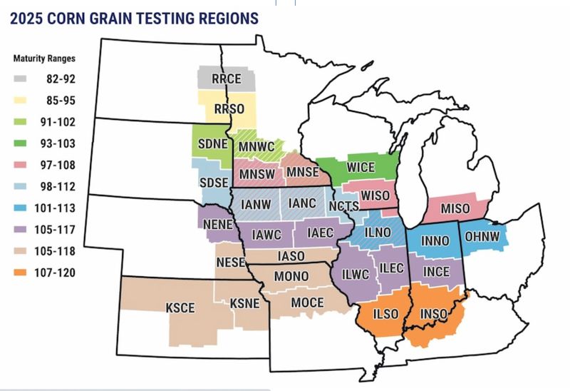 2025 Corn Grain region boundaries with test maturities listed
