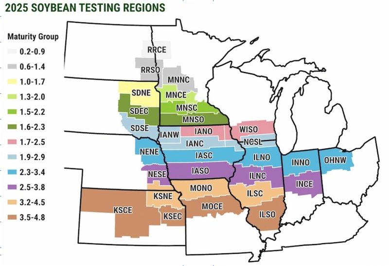 2025 Soybeans region boundaries with test maturities listed
